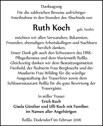 Traueranzeige von Ruth Koch von Super Sonntag SGH Mansf. Land