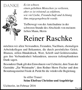 Traueranzeige von Reiner Raschke von Mitteldeutsche Zeitung Weißenfels