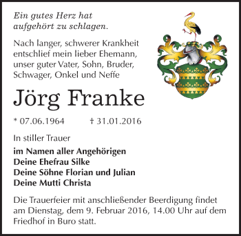 Traueranzeige von Jörg Franke von Mitteldeutsche Zeitung Wittenberg