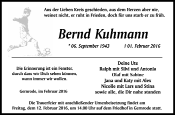 Traueranzeige von Bernd Kuhmann von WVG - Wochenspiegel Quedlinburg