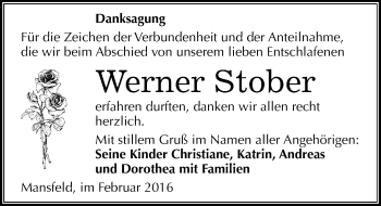 Traueranzeige von Werner Stober von Mitteldeutsche Zeitung Mansfelder Land