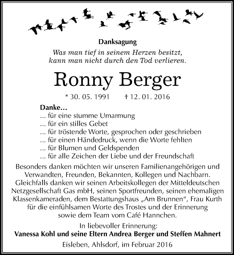  Traueranzeige für Ronny Berger vom 13.02.2016 aus Mitteldeutsche Zeitung Mansfelder Land