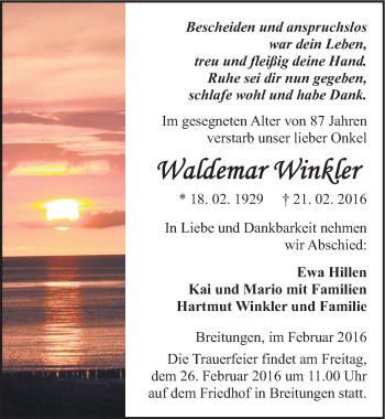 Traueranzeige von Waldemar Winkler von Mitteldeutsche Zeitung Sangerhausen