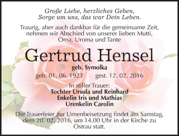 Traueranzeige von Gertrud Hensel von Mitteldeutsche Zeitung Halle/Saalkreis