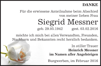 Traueranzeige von Siegrid Messner von Mitteldeutsche Zeitung Weißenfels