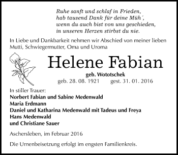 Traueranzeige von Helene Fabian von Mitteldeutsche Zeitung Aschersleben
