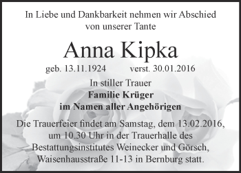 Traueranzeige von Anna Kipka von Super Sonntag Bernburg