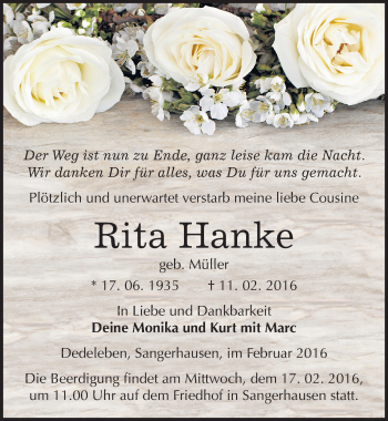 Traueranzeige von Rita Hanke von Mitteldeutsche Zeitung Sangerhausen