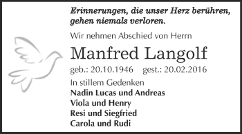 Traueranzeige von Manfred Langolf von Super Sonntag Bernburg