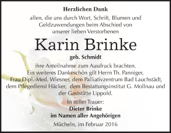 Traueranzeige von Karin Brinke von WVG - Wochenspiegel Merseburg