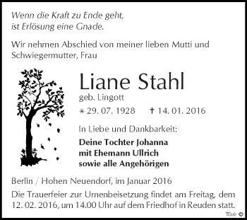 Traueranzeige von Liane Stahl von Super Sonntag Zeitz