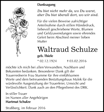 Traueranzeige von Waltraud Schulze von Mitteldeutsche Zeitung Quedlinburg