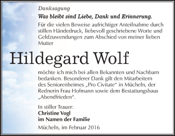 Traueranzeige von Hildegard Wolf von WVG - Wochenspiegel Merseburg