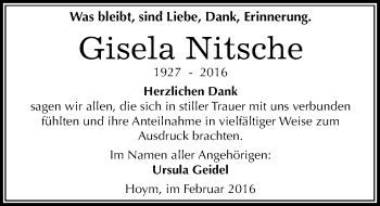 Traueranzeige von Gisela Nitsche von Mitteldeutsche Zeitung Aschersleben
