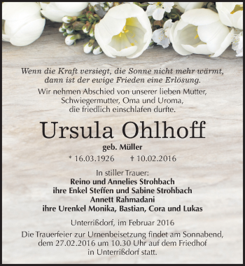 Traueranzeige von Ursula Ohlhoff von Mitteldeutsche Zeitung Mansfelder Land