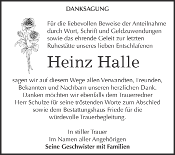 Traueranzeige von Heinz Halle von WVG - Wochenspiegel Dessau / Köthen