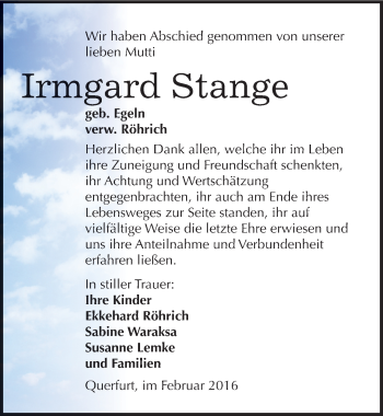Traueranzeige von Irmgard Stange von Mitteldeutsche Zeitung Merseburg/Querfurt