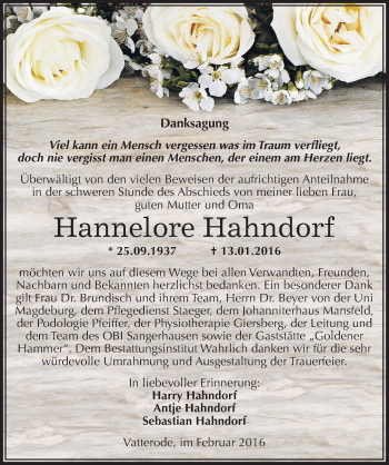 Traueranzeige von Hannelore Hahndorf von Mitteldeutsche Zeitung