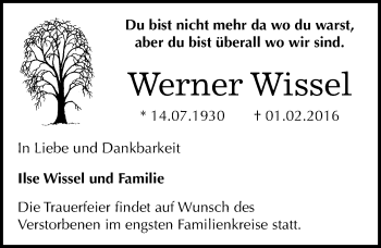 Traueranzeige von Werner Wissel von Mitteldeutsche Zeitung Dessau-Roßlau