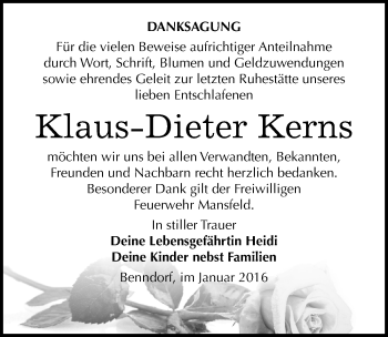 Traueranzeige von Klaus-Dieter Kerns von Mitteldeutsche Zeitung Mansfelder Land
