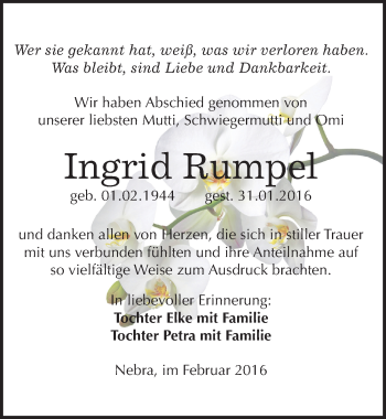 Traueranzeige von Ingrid Rumpel von Mitteldeutsche Zeitung Naumburg/Nebra