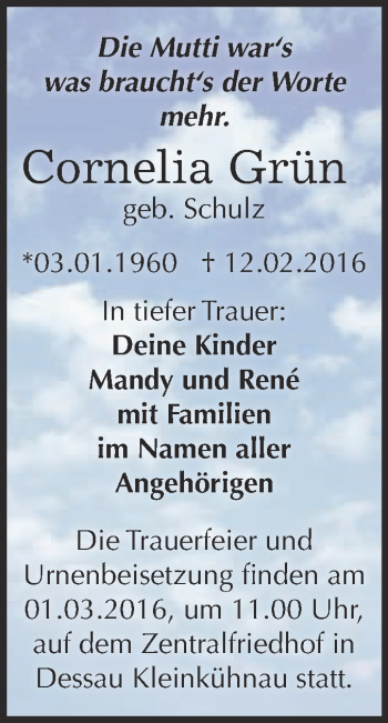 Traueranzeige von Cornelia Grün von WVG - Wochenspiegel Dessau / Köthen