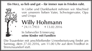 Traueranzeige von Willy Hohmann von Wochenspiegel Mansfelder Land