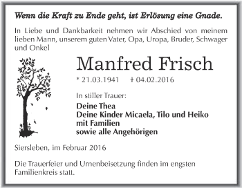 Traueranzeige von Manfred Frisch von Wochenspiegel Mansfelder Land