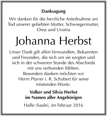 Traueranzeige von Johanna Herbst von Mitteldeutsche Zeitung Halle/Saalkreis