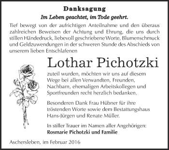 Traueranzeige von Lothar Pichotzki von Super Sonntag Aschersleben