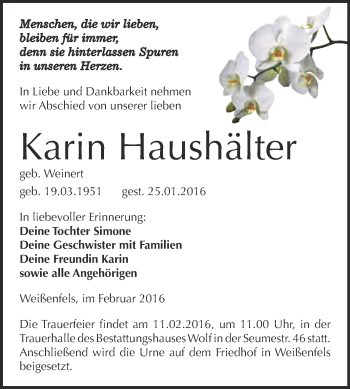 Traueranzeige von Karin Haushälter von WVG - Wochenspiegel NMB / WSF / ZTZ