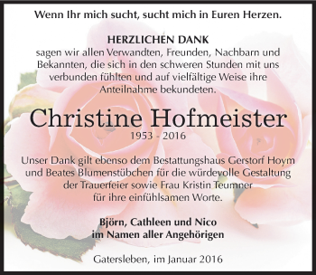 Traueranzeige von Christine Hofmeister von Mitteldeutsche Zeitung Aschersleben