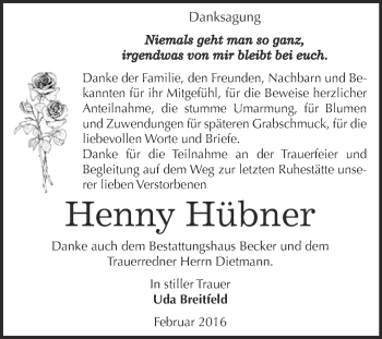 Traueranzeige von Henny Hübner von Super Sonntag SGH Mansf. Land