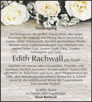 Traueranzeige von Edith Rachwall von Super Sonntag Bernburg
