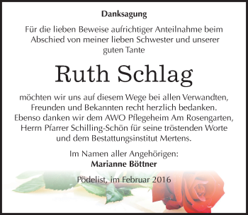 Traueranzeige von Ruth Schlag von Mitteldeutsche Zeitung Naumburg/Nebra