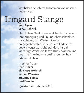 Traueranzeige von Irmgard Stange von WVG - Wochenspiegel Merseburg