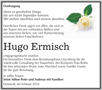 Traueranzeige von Hugo Ermisch von Wochenspiegel Mansfelder Land