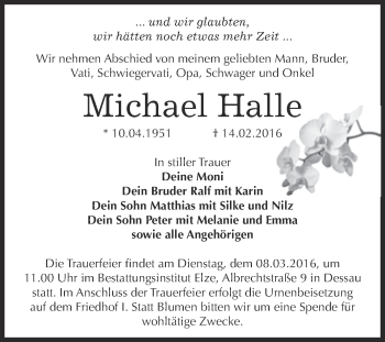 Traueranzeige von Michael Halle von WVG - Wochenspiegel Dessau / Köthen