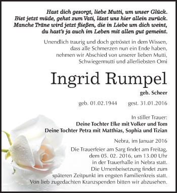 Traueranzeige von Ingrid Rumpel von Mitteldeutsche Zeitung Naumburg/Nebra