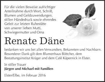 Traueranzeige von Renate Däne von WVG - Wochenspiegel Wittenberg