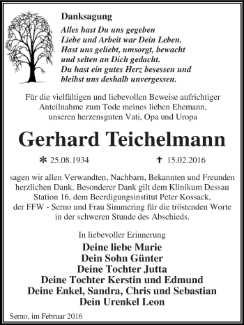 Traueranzeige von Gerhard Teichelmann von WVG - Wochenspiegel Dessau / Köthen
