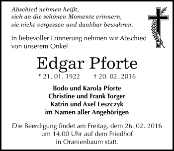 Traueranzeige von Edgar Pforte von Mitteldeutsche Zeitung Wittenberg