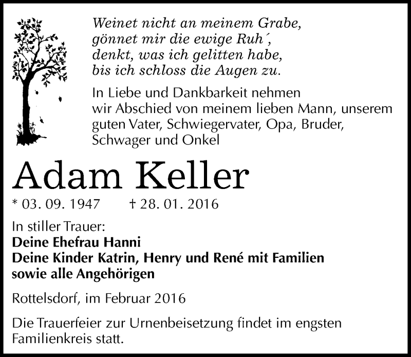  Traueranzeige für Adam Keller vom 03.02.2016 aus Mitteldeutsche Zeitung Mansfelder Land