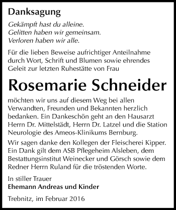 Traueranzeige von Rosemarie Schneider von Mitteldeutsche Zeitung Bernburg