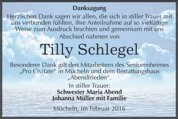 Traueranzeige von Tilly Schlegel von WVG - Wochenspiegel Merseburg
