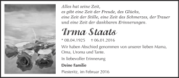 Traueranzeige von Irma Staats von Super Sonntag Wittenberg