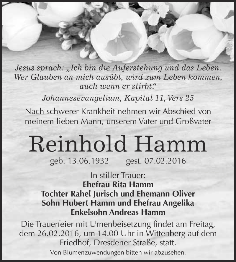  Traueranzeige für Reinhold Hamm vom 20.02.2016 aus WVG - Wochenspiegel Wittenberg