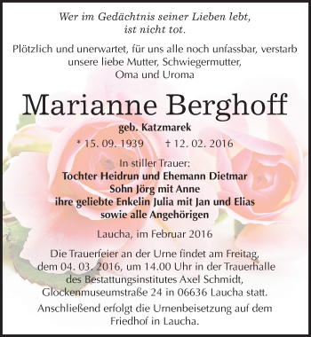 Traueranzeige von Marianne Berghoff von Mitteldeutsche Zeitung Naumburg/Nebra