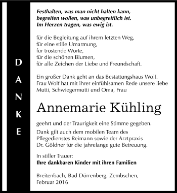 Traueranzeige von Annemarie Kühling von Mitteldeutsche Zeitung Weißenfels
