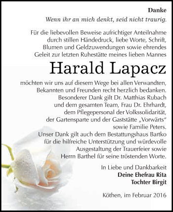 Traueranzeige von Harald Lapacz von WVG - Wochenspiegel Dessau / Köthen